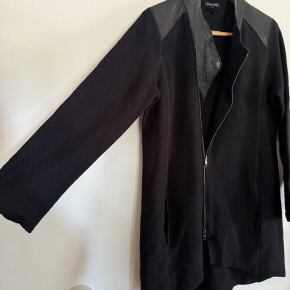 EILEEN FISHER Black Merino Wool and Leather Minimalist Asymmetrical Coat Medium - Picture 6 of 9
